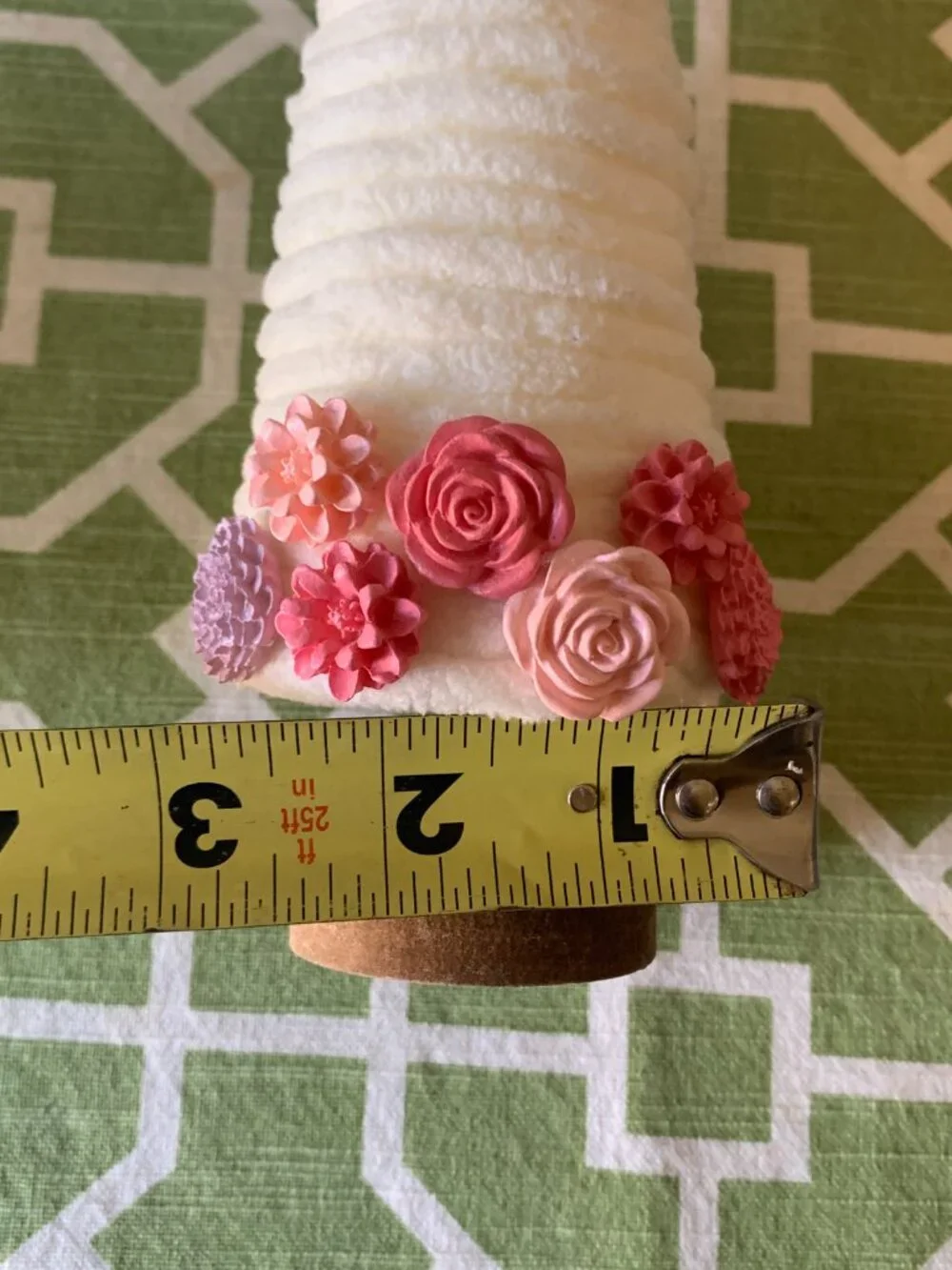 White Fabric Cone Tree Decoration Pink Floral Base Wooden Stand 8.5 Inch Tableto